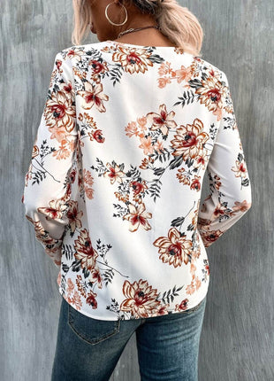 Printed V-Neck Long Sleeve Blouse - MimiStylez