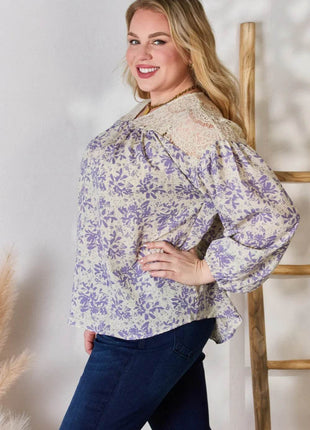 Hailey & Co Full Size Lace Detail Printed Blouse - MimiStylez