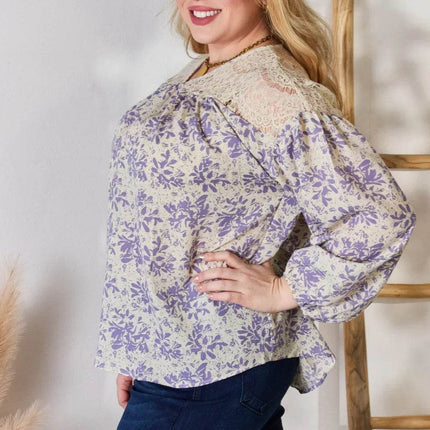 Hailey & Co Full Size Lace Detail Printed Blouse - MimiStylez