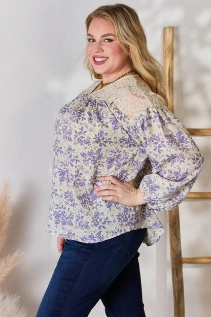 Hailey & Co Full Size Lace Detail Printed Blouse - MimiStylez