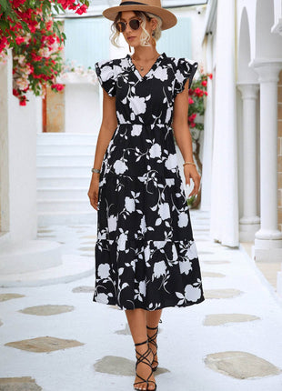 Floral Frill Trim V-Neck Tiered Midi Dress - MimiStylez