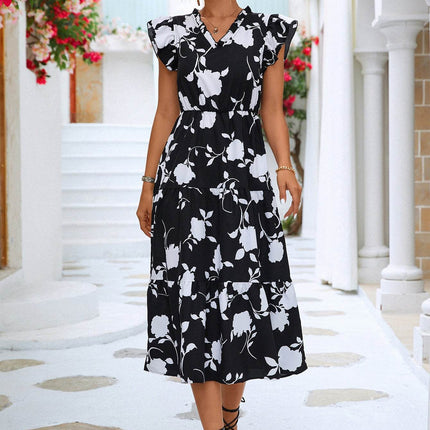 Floral Frill Trim V-Neck Tiered Midi Dress - MimiStylez