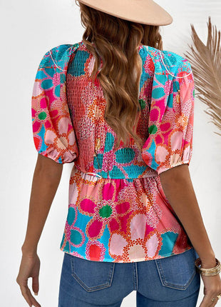 Printed V-Neck Babydoll Blouse - MimiStylez