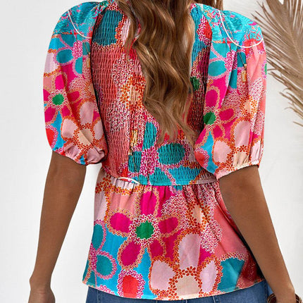 Printed V-Neck Babydoll Blouse - MimiStylez