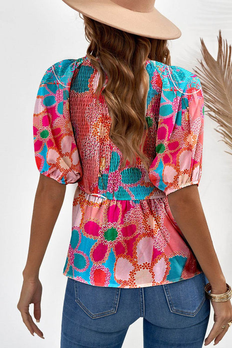 Printed V-Neck Babydoll Blouse - MimiStylez