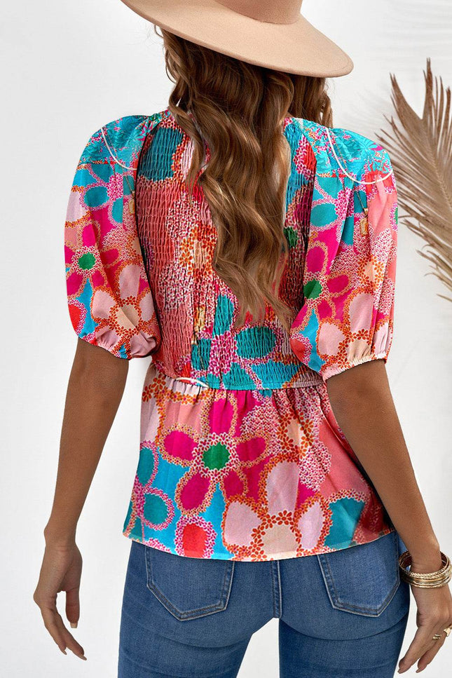 Printed V-Neck Babydoll Blouse - MimiStylez