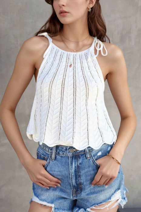 Tie Straps Wave Stripes Textured Eyelet Knitted Vest - MimiStylez
