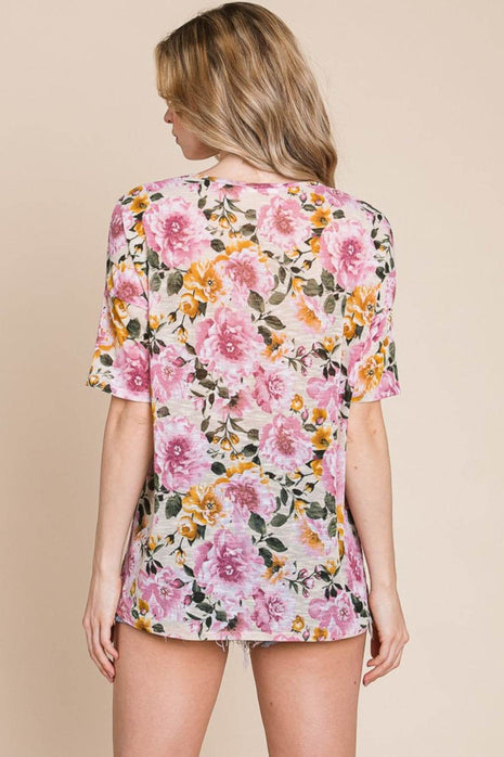 BOMBOM Floral Round Neck T-Shirt - MimiStylez