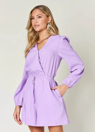 Double Take Full Size Drawstring Long Sleeve Romper - MimiStylez