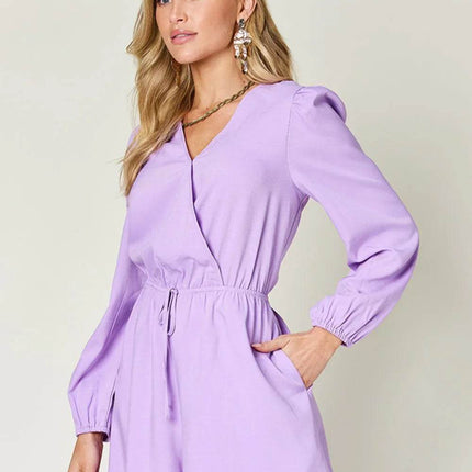 Double Take Full Size Drawstring Long Sleeve Romper - MimiStylez