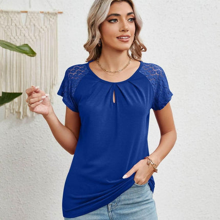 Lace Detail Round Neck Short Sleeve T-Shirt - MimiStylez