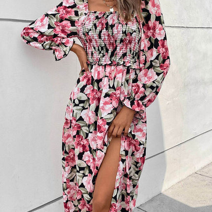 Slit Smocked Floral Flounce Sleeve Dress - MimiStylez