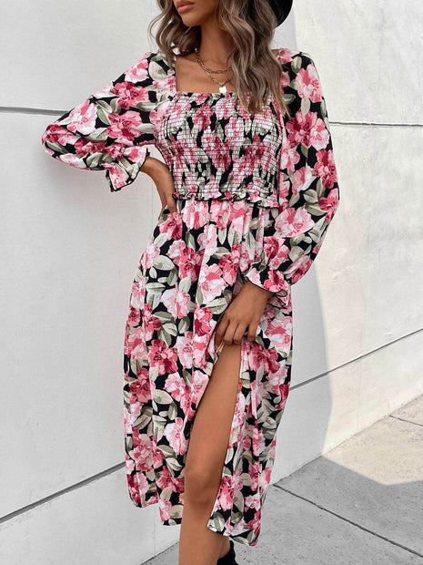 Slit Smocked Floral Flounce Sleeve Dress - MimiStylez