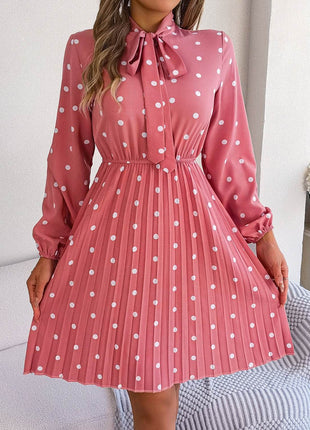 Polka Dot Tie Neck Pleated Dress - MimiStylez