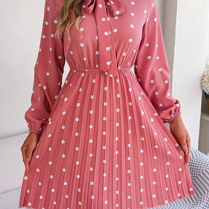 Polka Dot Tie Neck Pleated Dress - MimiStylez