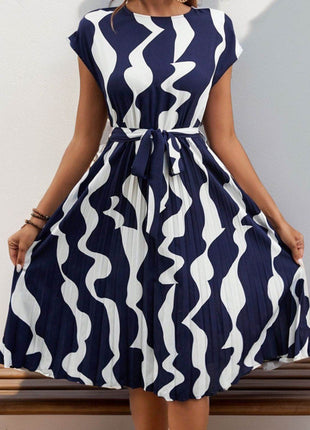 Tied Pleated Printed Cap Sleeve Dress - MimiStylez