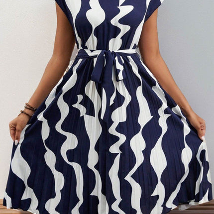 Tied Pleated Printed Cap Sleeve Dress - MimiStylez