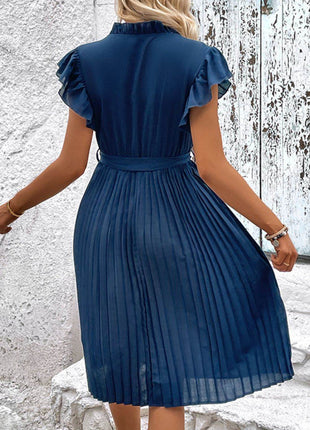 Tie Neck Belted Pleated Dress - MimiStylez