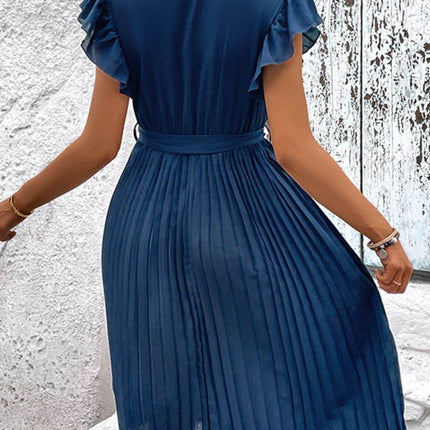 Tie Neck Belted Pleated Dress - MimiStylez