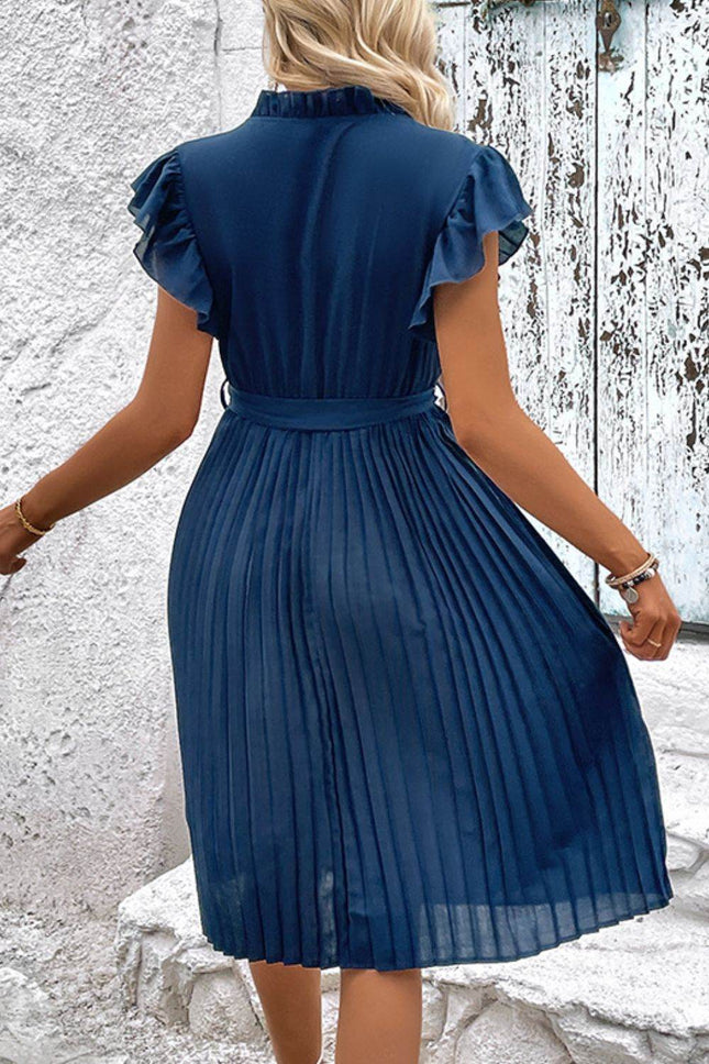 Tie Neck Belted Pleated Dress - MimiStylez