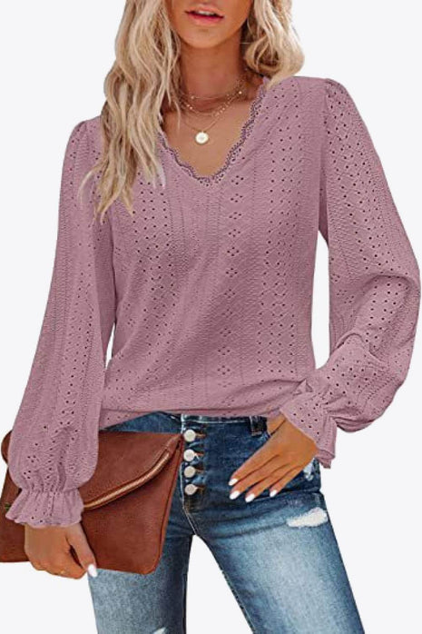 Eyelet V-Neck Flounce Sleeve Blouse - MimiStylez