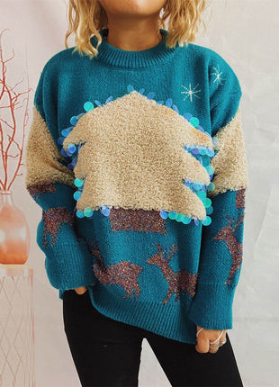 Sequin Christmas Tree & Reindeer Round Neck Sweater - MimiStylez