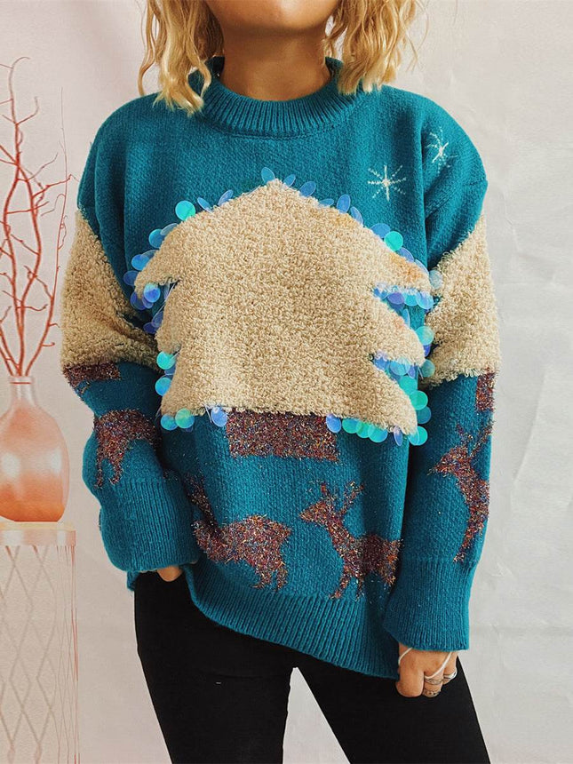Sequin Christmas Tree & Reindeer Round Neck Sweater - MimiStylez