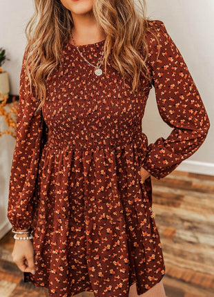 Ditsy Floral Smocked Balloon Sleeve Mini Dress - MimiStylez