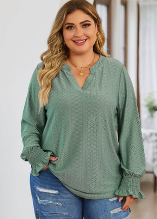 Plus Size Eyelet Notched Flounce Sleeve Blouse - MimiStylez