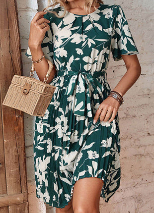 Floral Round Neck Tie Belt Pleated Dress - MimiStylez