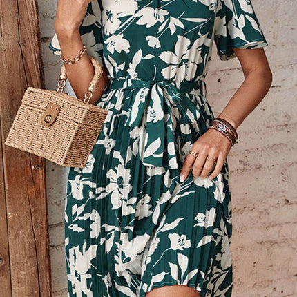 Floral Round Neck Tie Belt Pleated Dress - MimiStylez