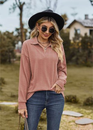 Collared Neck Cable-Knit Long Sleeve Blouse - MimiStylez
