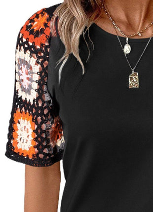 Geometric Round Neck Short Sleeve Blouse - MimiStylez