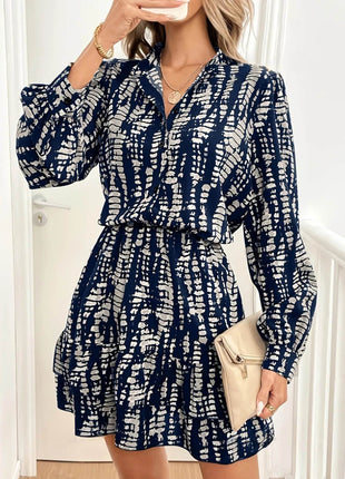 Printed Long Sleeve Shirt Dress - MimiStylez