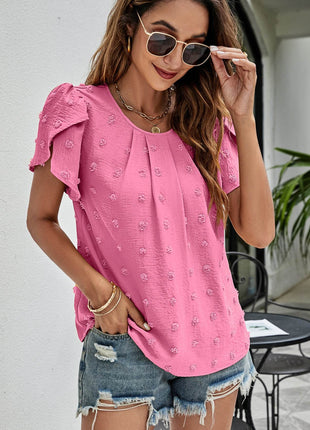 Swiss Dot Round Neck Petal Sleeve Top - MimiStylez