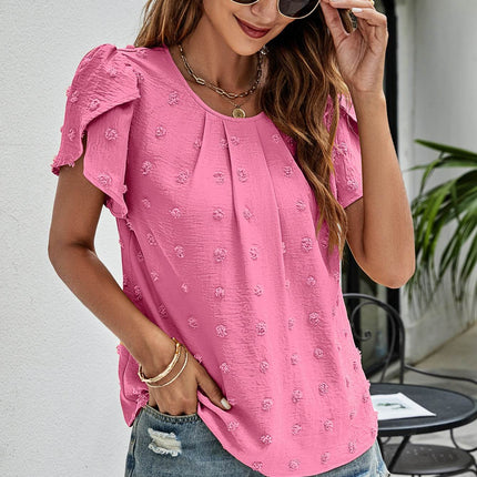 Swiss Dot Round Neck Petal Sleeve Top - MimiStylez