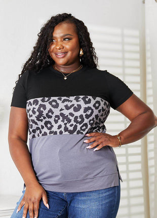 Double Take Leopard Print Color Block Short Sleeve T-Shirt - MimiStylez