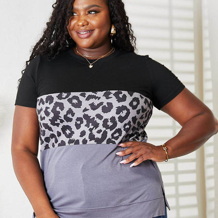 Double Take Leopard Print Color Block Short Sleeve T-Shirt - MimiStylez