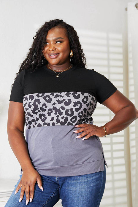 Double Take Leopard Print Color Block Short Sleeve T-Shirt - MimiStylez