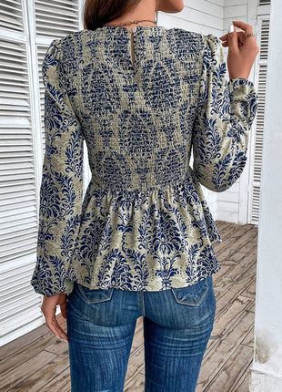 Smocked Printed Balloon Sleeve Blouse - MimiStylez