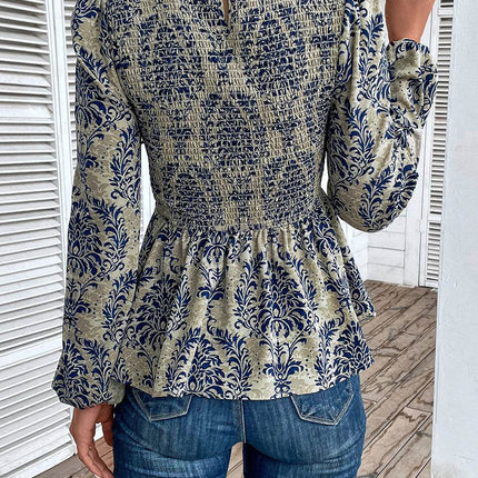 Smocked Printed Balloon Sleeve Blouse - MimiStylez