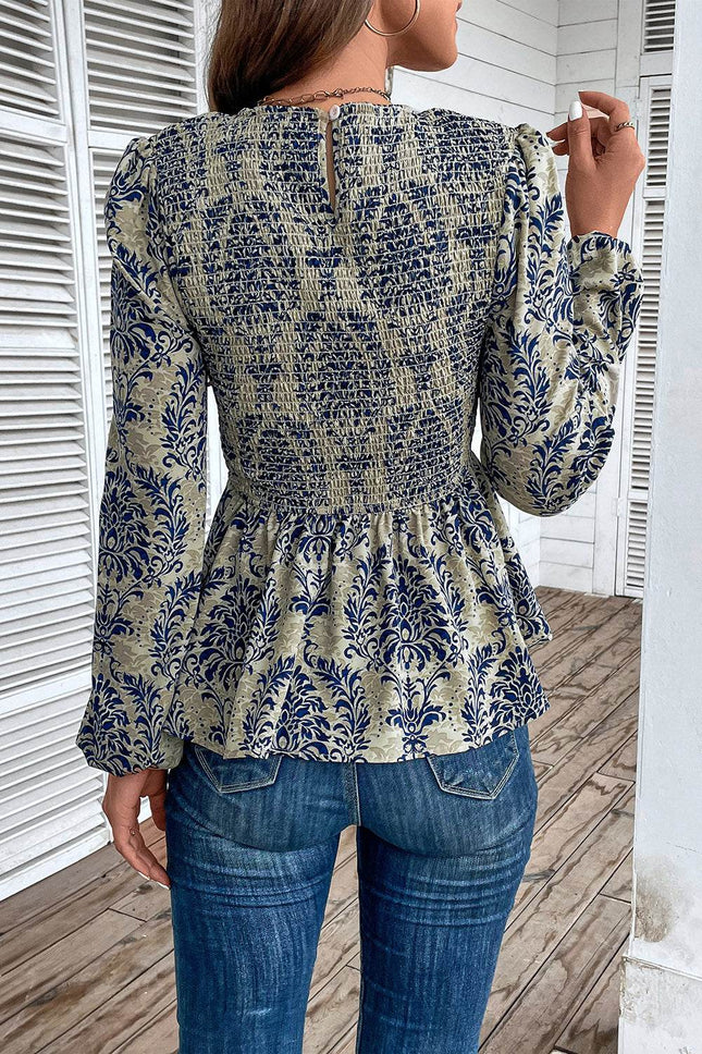 Smocked Printed Balloon Sleeve Blouse - MimiStylez