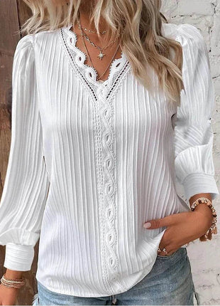 Women's Lace Stitching Shirt Loose Stitching V-neck Long Sleeve Pullover Chiffon Shirt Fall Top Simple Elegant Street Blouse - MimiStylez