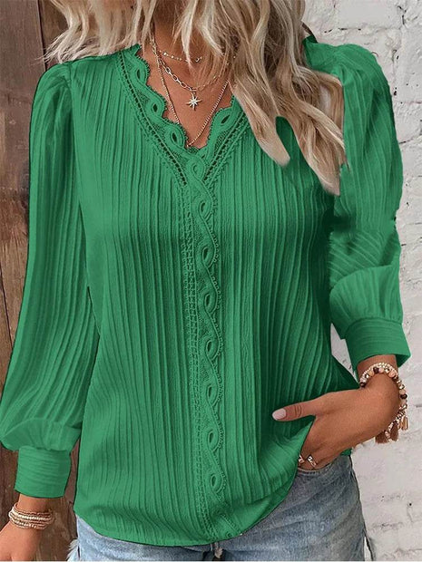 Women's Lace Stitching Shirt Loose Stitching V-neck Long Sleeve Pullover Chiffon Shirt Fall Top Simple Elegant Street Blouse - MimiStylez