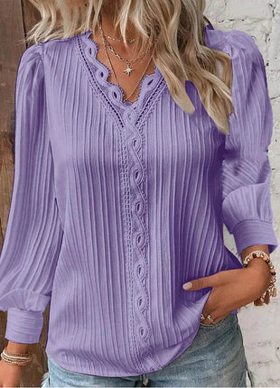 Women's Lace Stitching Shirt Loose Stitching V-neck Long Sleeve Pullover Chiffon Shirt Fall Top Simple Elegant Street Blouse - MimiStylez