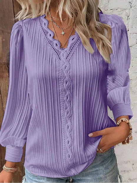 Women's Lace Stitching Shirt Loose Stitching V-neck Long Sleeve Pullover Chiffon Shirt Fall Top Simple Elegant Street Blouse - MimiStylez
