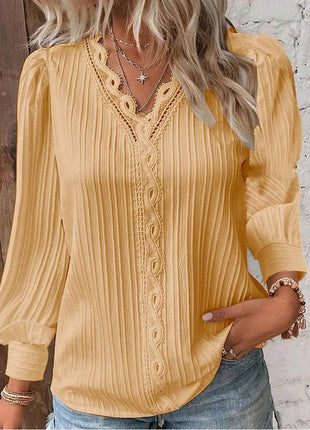 Women's Lace Stitching Shirt Loose Stitching V-neck Long Sleeve Pullover Chiffon Shirt Fall Top Simple Elegant Street Blouse - MimiStylez