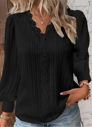 Women's Lace Stitching Shirt Loose Stitching V-neck Long Sleeve Pullover Chiffon Shirt Fall Top Simple Elegant Street Blouse - MimiStylez
