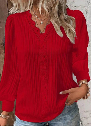Women's Lace Stitching Shirt Loose Stitching V-neck Long Sleeve Pullover Chiffon Shirt Fall Top Simple Elegant Street Blouse - MimiStylez