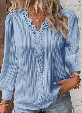 Women's Lace Stitching Shirt Loose Stitching V-neck Long Sleeve Pullover Chiffon Shirt Fall Top Simple Elegant Street Blouse - MimiStylez